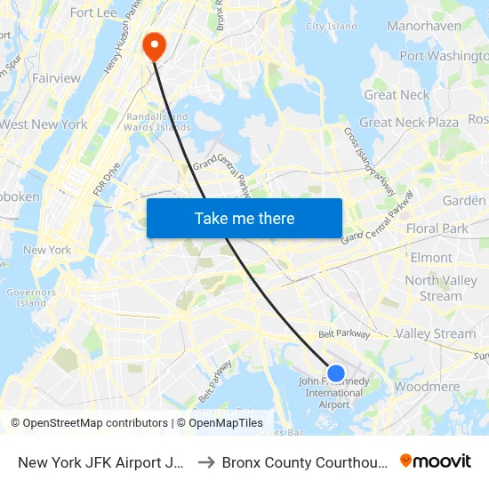 New York JFK Airport JFK to Bronx County Courthouse map