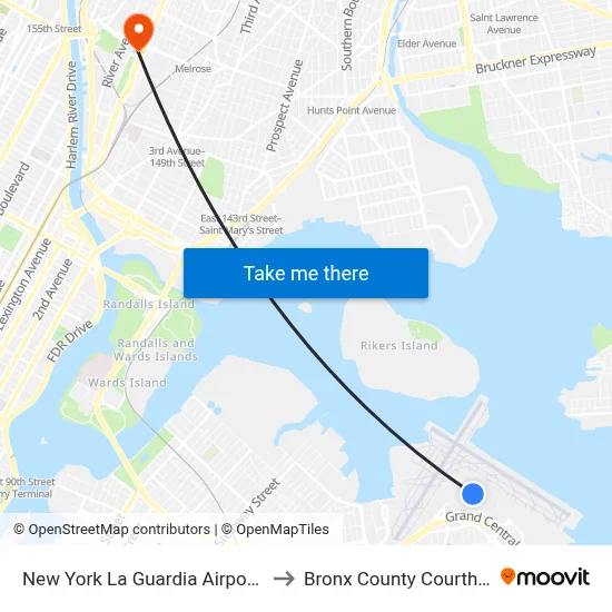 New York La Guardia Airport LGA to Bronx County Courthouse map