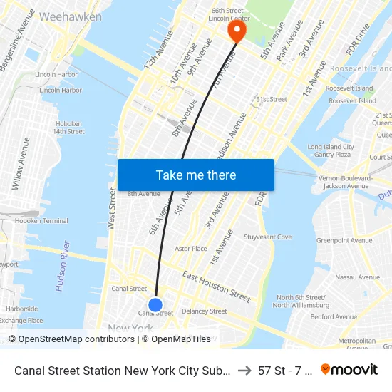 Canal Street Station New York City Subway to 57 St - 7 Av map
