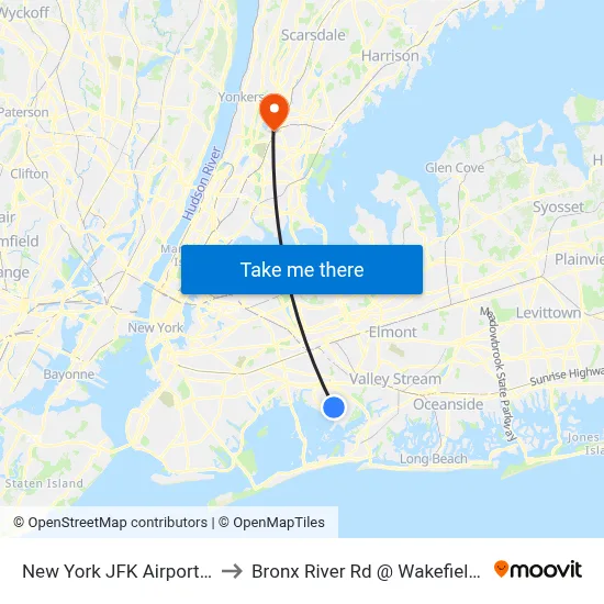 New York JFK Airport JFK to Bronx River Rd @ Wakefield Ave map