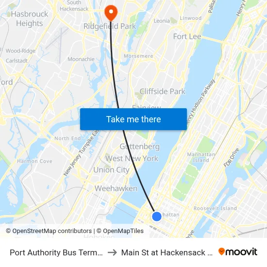 Port Authority Bus Terminal to Main St at Hackensack Ave map