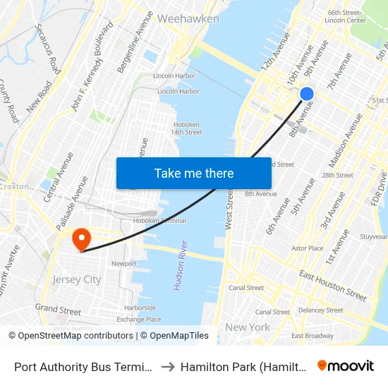 Port Authority Bus Terminal to Hamilton Park (Hamilton) map