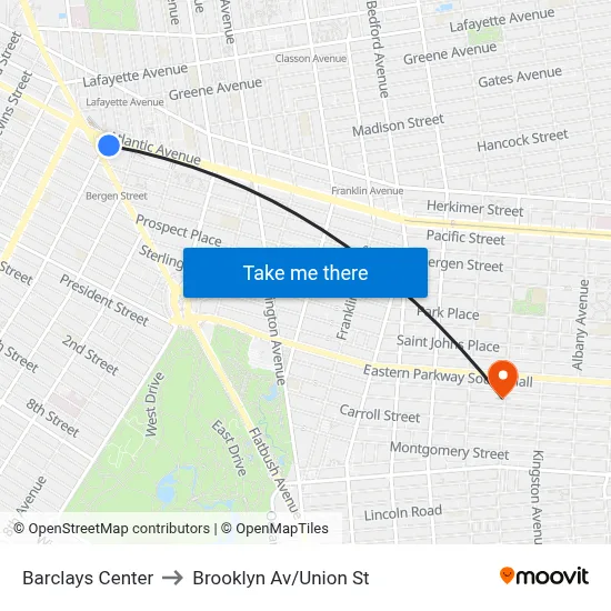 Barclays Center to Brooklyn Av/Union St map