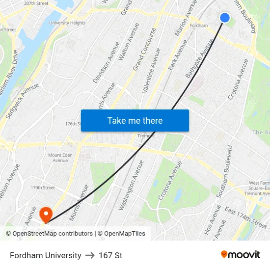 Fordham University to 167 St map
