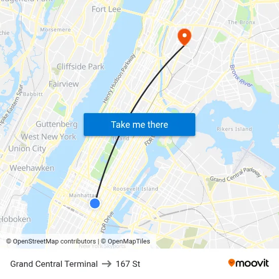 Grand Central Terminal to 167 St map