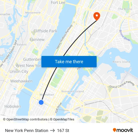 New York Penn Station to 167 St map