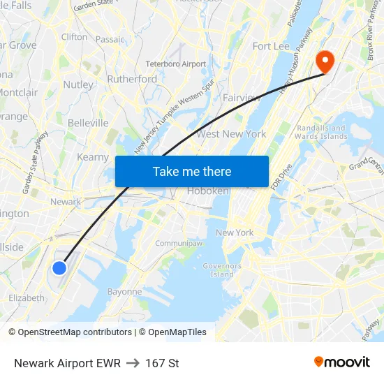 Newark Airport EWR to 167 St map