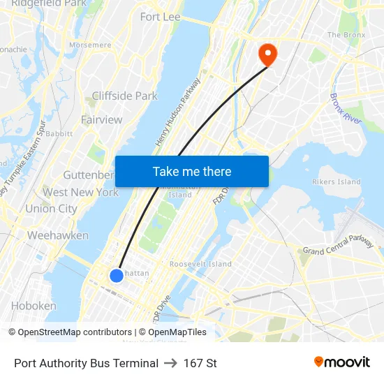 Port Authority Bus Terminal to 167 St map