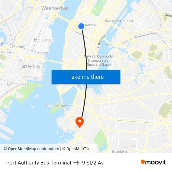 Port Authority Bus Terminal to 9 St/2 Av map