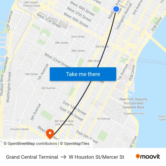 Grand Central Terminal to W Houston St/Mercer St map