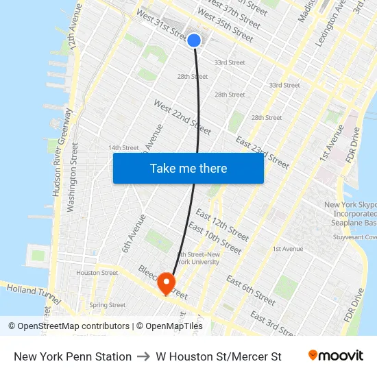 New York Penn Station to W Houston St/Mercer St map