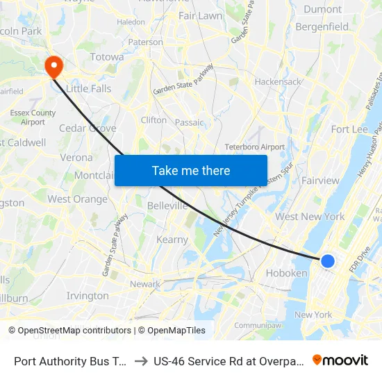 Port Authority Bus Terminal to US-46 Service Rd at Overpass Bridge map