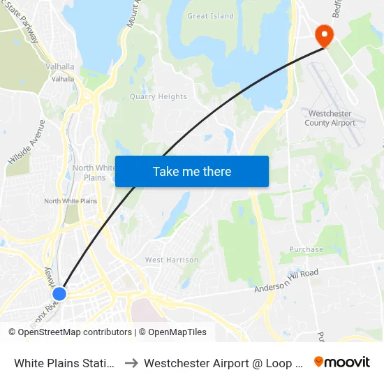 White Plains Station to Westchester Airport @ Loop Rd map