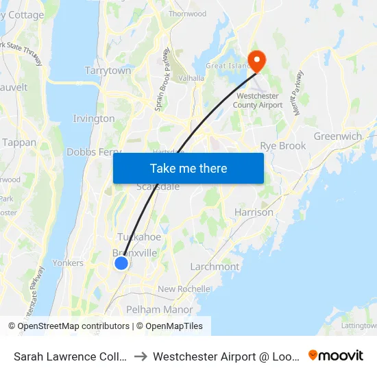 Sarah Lawrence College to Westchester Airport @ Loop Rd map