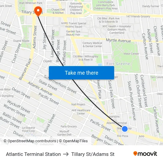 Atlantic Terminal Station to Tillary St/Adams St map