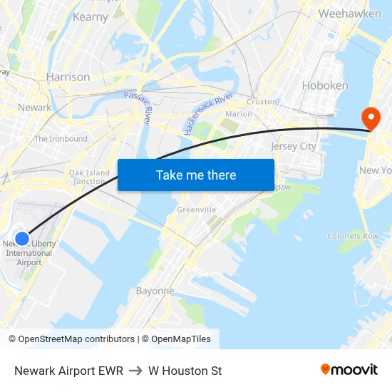 Newark Airport EWR to W Houston St map