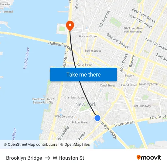 Brooklyn Bridge to W Houston St map