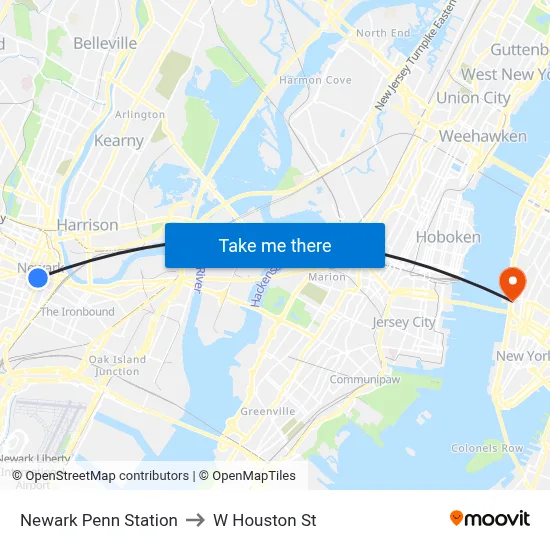 Newark Penn Station to W Houston St map