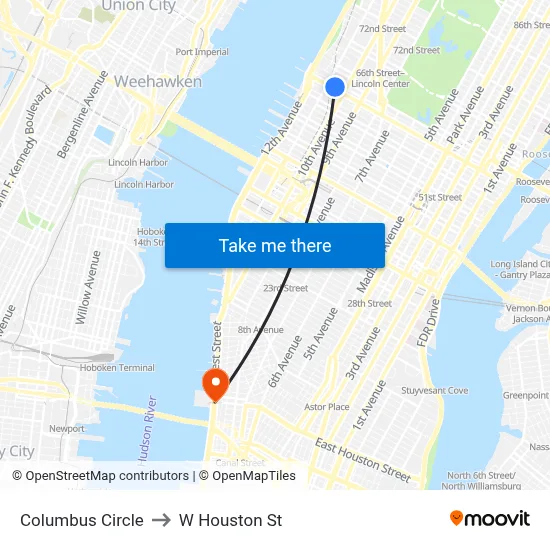 Columbus Circle to W Houston St map