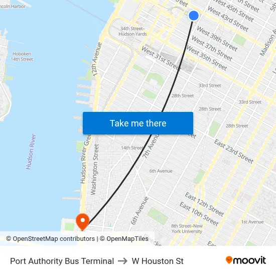Port Authority Bus Terminal to W Houston St map