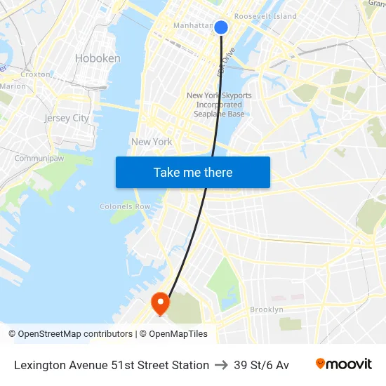 Lexington Avenue 51st Street Station to 39 St/6 Av map