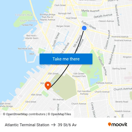 Atlantic Terminal Station to 39 St/6 Av map
