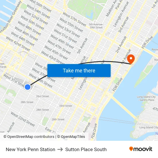 New York Penn Station to Sutton Place South map