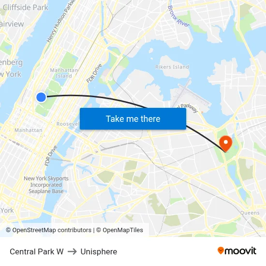 Central Park W to Unisphere map