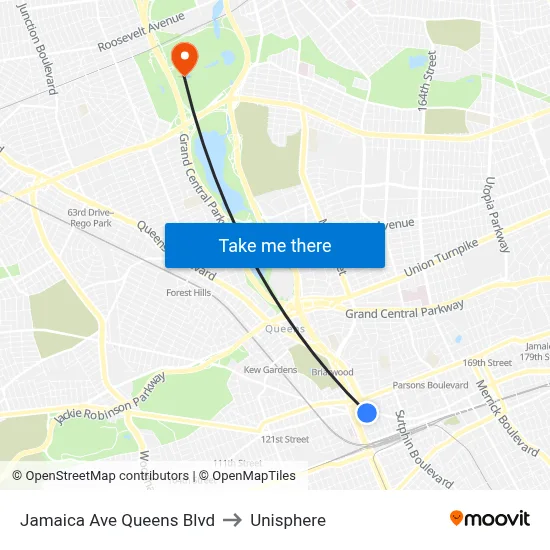 Jamaica Ave Queens Blvd, Jamaica, NY 11435 to Unisphere map