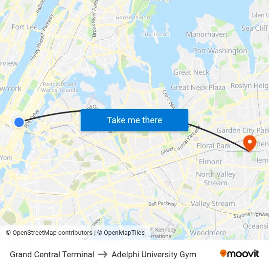 Grand Central Terminal to Adelphi University Gym map