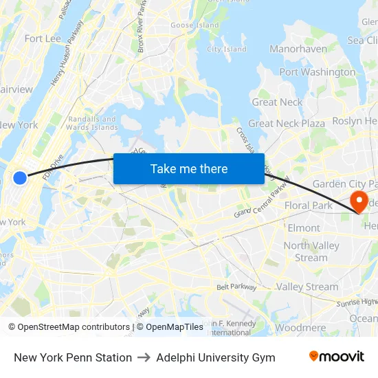 New York Penn Station to Adelphi University Gym map
