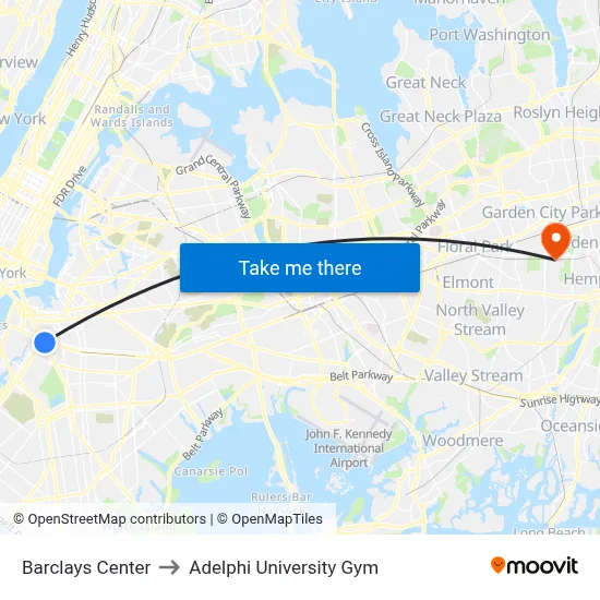 Barclays Center to Adelphi University Gym map