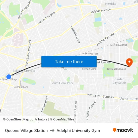 Queens Village Station to Adelphi University Gym map