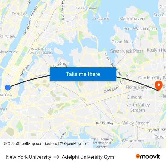 New York University to Adelphi University Gym map