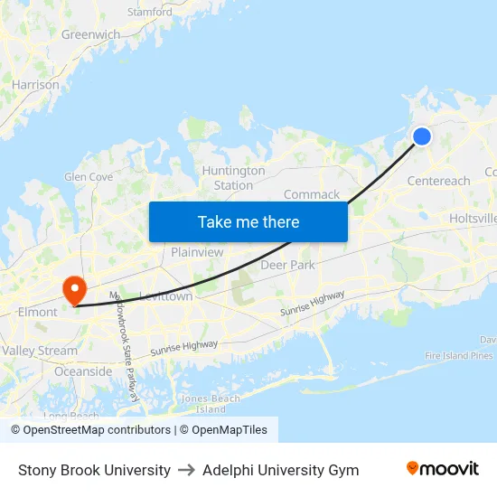 Stony Brook University to Adelphi University Gym map