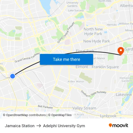 Jamaica Station to Adelphi University Gym map