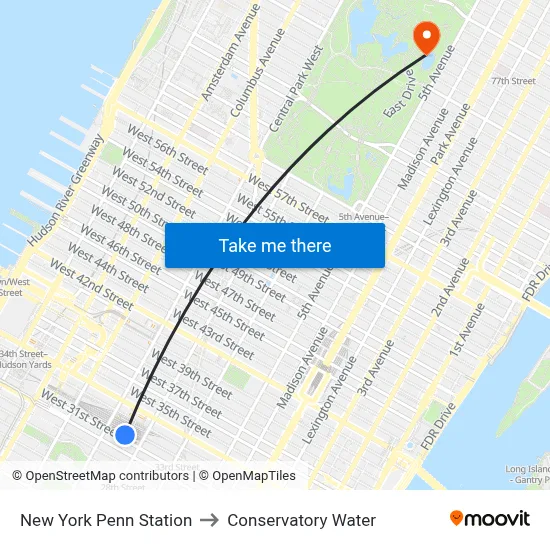 New York Penn Station to Conservatory Water map