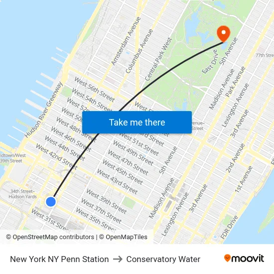 New York NY Penn Station to Conservatory Water map