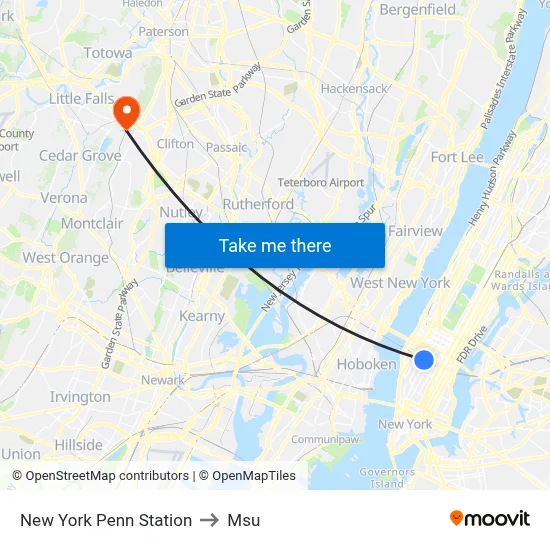 New York Penn Station to Msu map