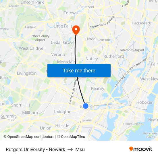 Rutgers University - Newark to Msu map