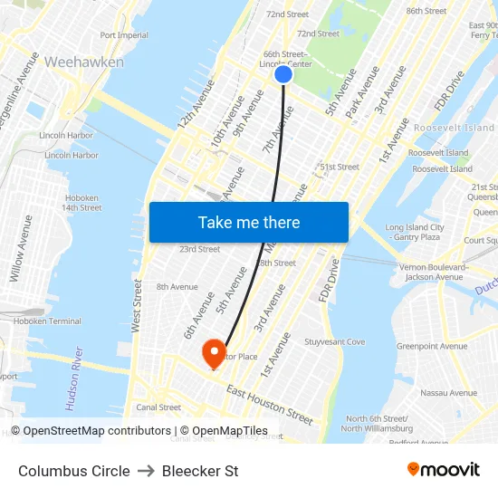 Columbus Circle to Bleecker St map