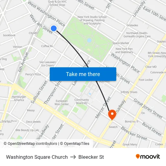 Washington Square Church to Bleecker St map