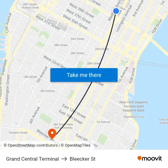 Grand Central Terminal to Bleecker St map