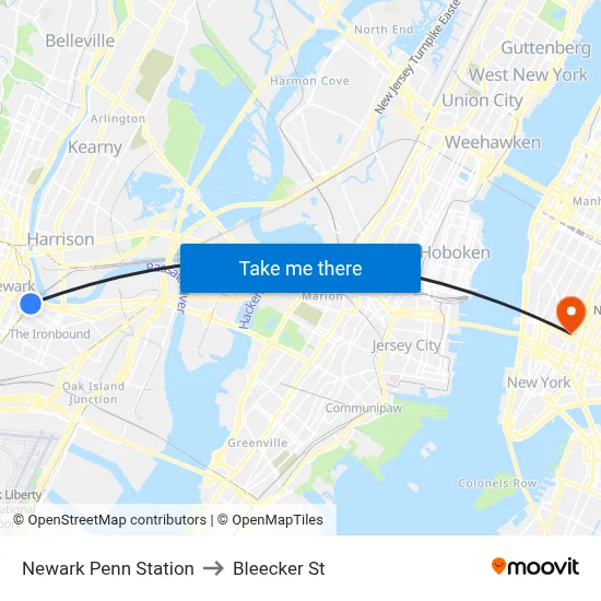 Newark Penn Station to Bleecker St map