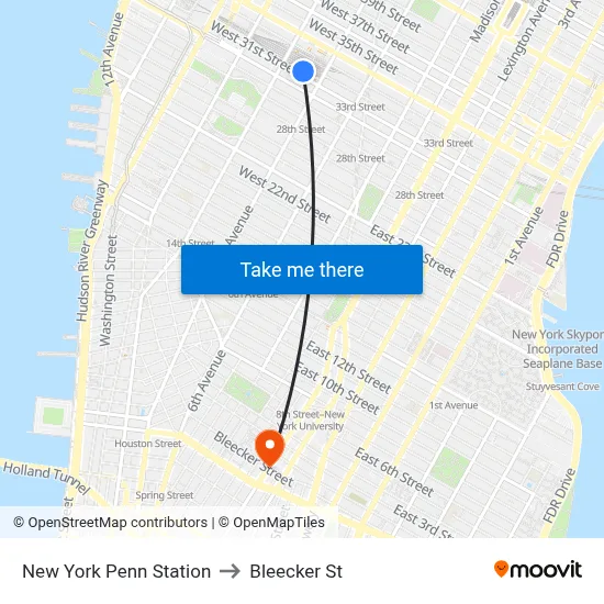 New York Penn Station to Bleecker St map