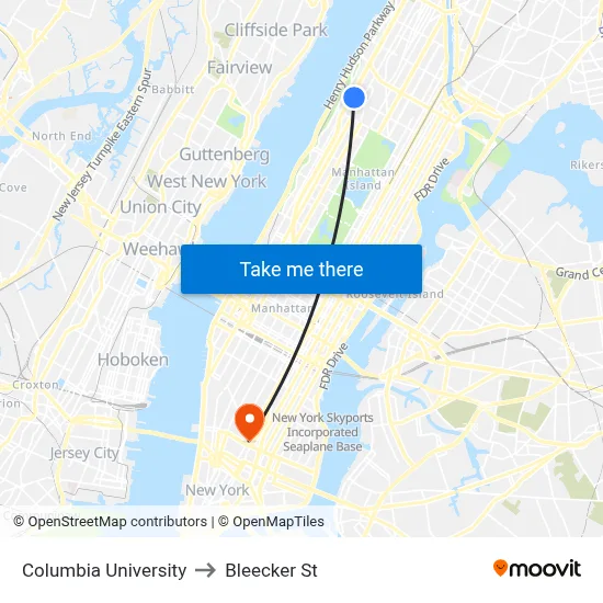Columbia University to Bleecker St map