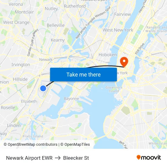 Newark Airport EWR to Bleecker St map