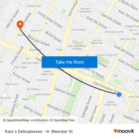 Katz s Delicatessen to Bleecker St map