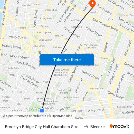Brooklyn Bridge City Hall Chambers Street Station to Bleecker St map