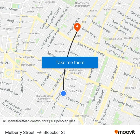 Mulberry Street to Bleecker St map